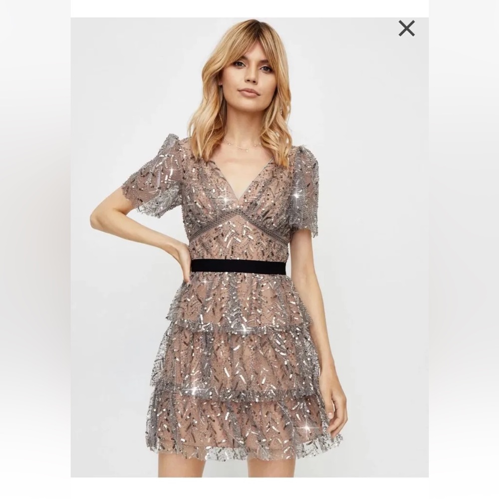 Self Portrait Grey Leaf Sequin Mini Dress Sz 2